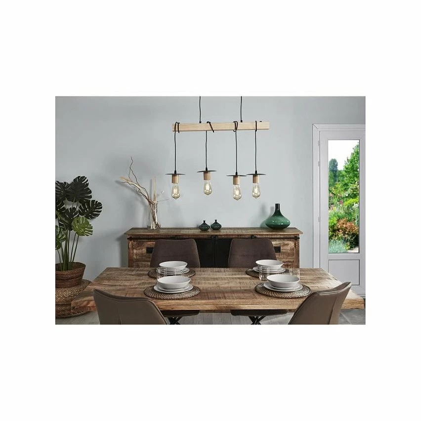 Meilleure affaire 😉 Paris prix Suspension 4 Lampes - Abat-jour disque - Métal noir et bois - NEW DETROIT 🛒 4 Meilleure affaire 😉 Paris prix Suspension 4 Lampes - Abat-jour disque - Métal noir et bois - NEW DETROIT 🛒 – Image 2