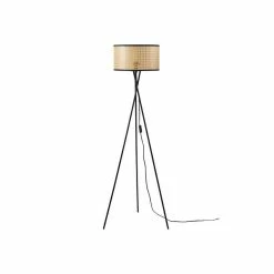 Tout neuf 🛒 Paris prix Lampadaire Trépied Métal Noir - Abat jour Cannage PVC Liseré Noir - D 34 x H 140 cm 👏 -Atmosphera Soldes 3248116524301 3