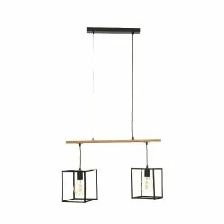 De gros 🛒 Atmosphera Luminaire Suspension 2 Lampes en Métal Noir et Bois d'Acacia 🥰