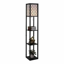 De gros 🎁 Homcom Lampadaire étagère lampe étagère 26L x 26l x 160H cm 3 étagères 4 niveaux MDF noir motif nid d'abeille ✨