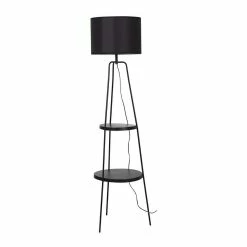 Coupon 😉 Altobuy CIRCLE - Lampadaire en Métal Noir 2 Etagères Abat-Jour en Tissu Noir ❤️