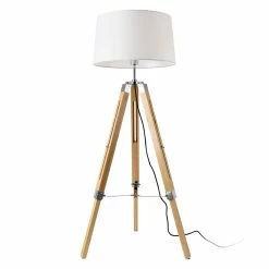 Budget ⌛ Lampadaire Design Lampe à Pied Trépied avec Pieds en Bois et Métal Abat-Jour en Tissu E27 Hauteur 145 cm Bois Clair Chrome Blanc [lux.pro] 🤩 -Atmosphera Soldes 4059438144639 2