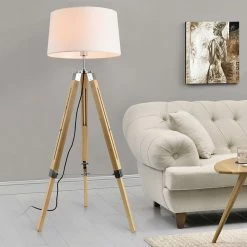 Budget ⌛ Lampadaire Design Lampe à Pied Trépied avec Pieds en Bois et Métal Abat-Jour en Tissu E27 Hauteur 145 cm Bois Clair Chrome Blanc [lux.pro] 🤩 -Atmosphera Soldes 4059438144639 6