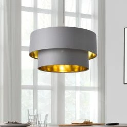 Meilleure affaire 🤩 Lampe à Suspendre Moderne Suspension Design Douille E27 60W en Métal et Textile Diamètre 40 cm Gris Doré [lux.pro] ✨ -Atmosphera Soldes 4059438150616 6