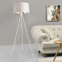 Bon marché ❤️ Lampadaire Trépied Moderne Stylé Lampe sur Pied Design E27 Métal Textile Hauteur 150 cm Blanc Argenté [lux.pro] ⌛ -Atmosphera Soldes 4059438150685 4
