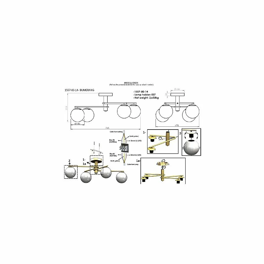 Vente flash 🧨 HOMEMANIA Lampe de Plafond Bumerang - Or - 42 x 84 x 35 cm 😉 5 Vente flash 🧨 HOMEMANIA Lampe de Plafond Bumerang - Or - 42 x 84 x 35 cm 😉 – Image 3